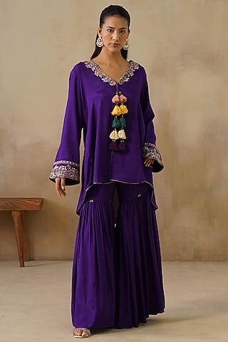 Purple Cotton Silk Gharara Set by Inej