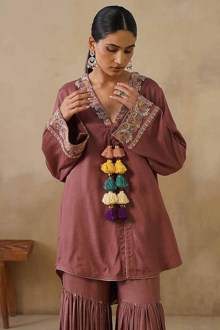 Brown Cotton Silk Gharara Set by Inej at Pernia's Pop Up Shop