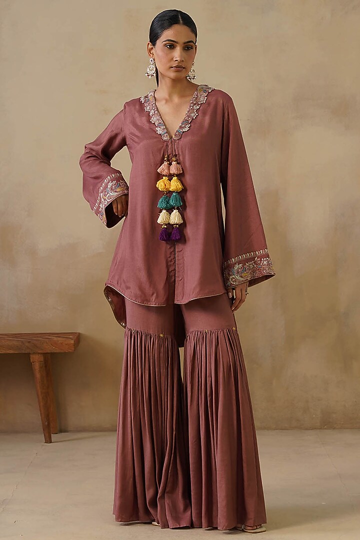 Brown Cotton Silk Gharara Set by Inej at Pernia's Pop Up Shop