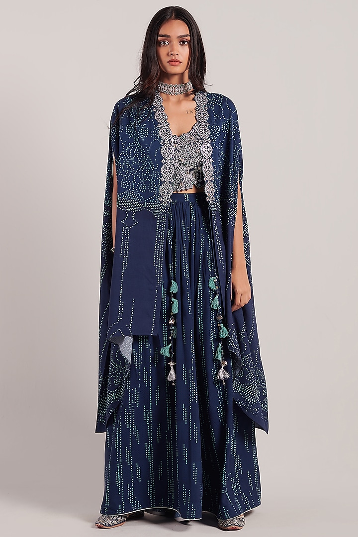 Ink Blue Embroidered Cape Set by Inej