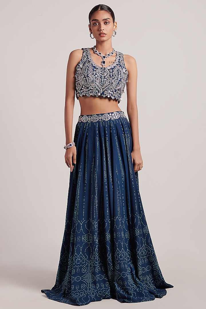 Ink Blue Embroidered Lehenga Set by Inej