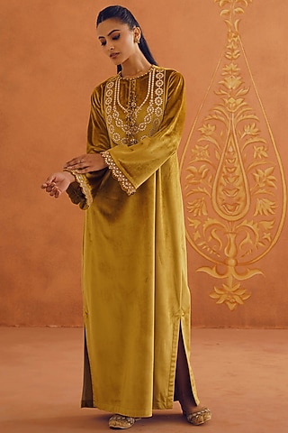 Mustard Velvet Embroidered Maxi Dress by Inej
