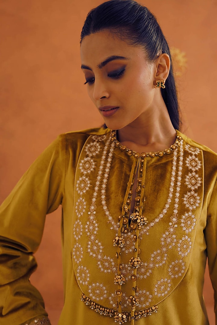 Mustard Velvet Embroidered Maxi Vacation Dress by Inej at Pernia's Pop Up Shop