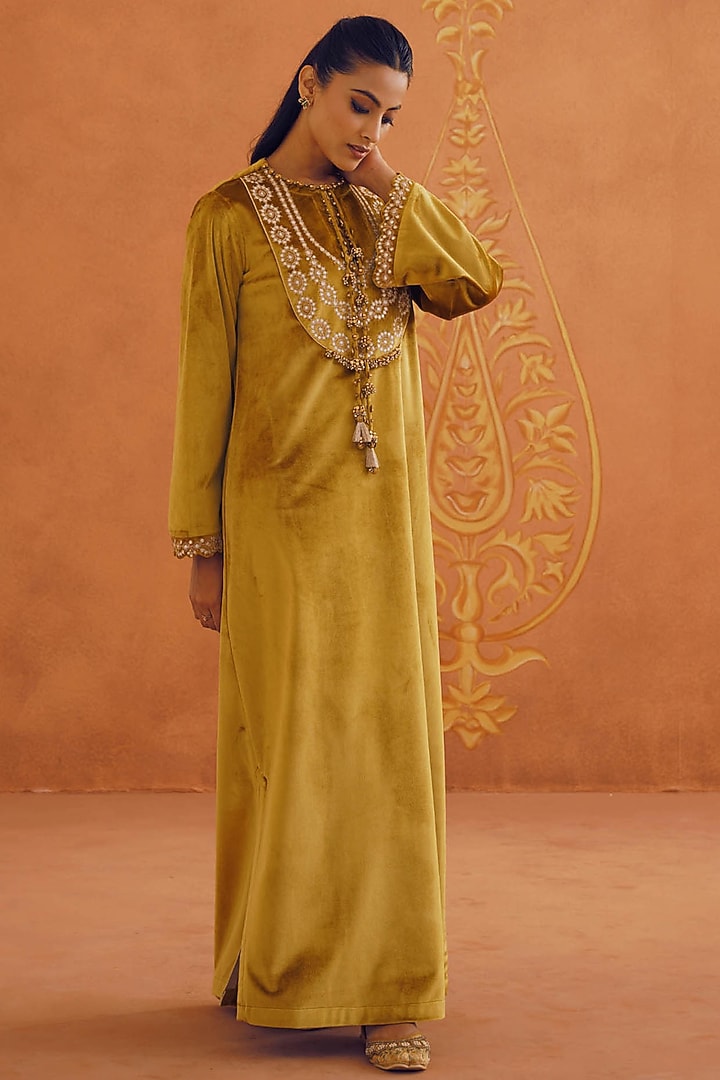 Mustard Velvet Embroidered Maxi Vacation Dress by Inej at Pernia's Pop Up Shop