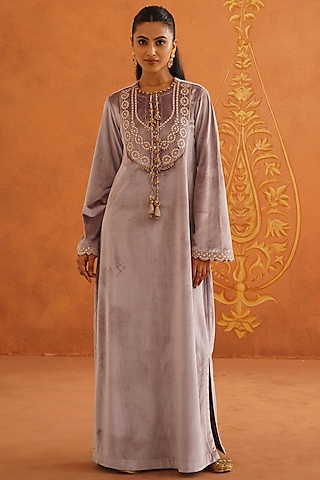 Lilac Velvet Embroidered Maxi Dress by Inej