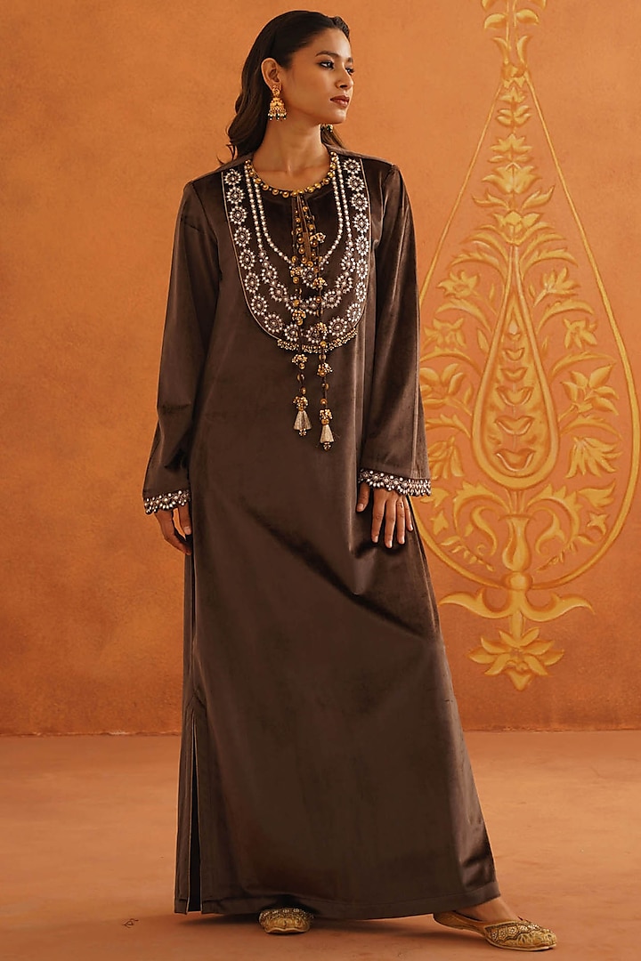 Brown Velvet Embroidered Maxi Dress by Inej at Pernia's Pop Up Shop