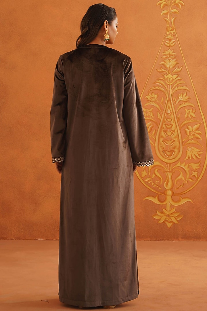 Brown Velvet Embroidered Maxi Vacation Dress by Inej at Pernia's Pop Up Shop