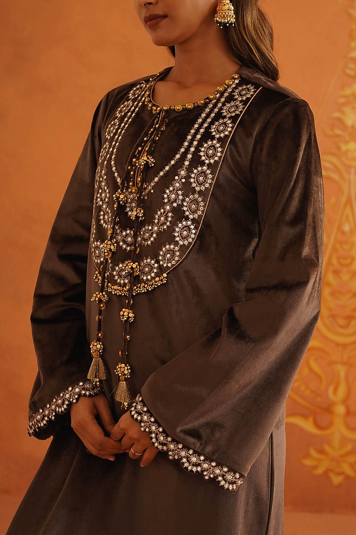 Brown Velvet Embroidered Maxi Vacation Dress by Inej at Pernia's Pop Up Shop