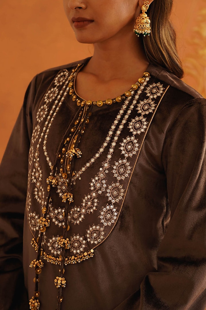 Brown Velvet Embroidered Maxi Vacation Dress by Inej at Pernia's Pop Up Shop