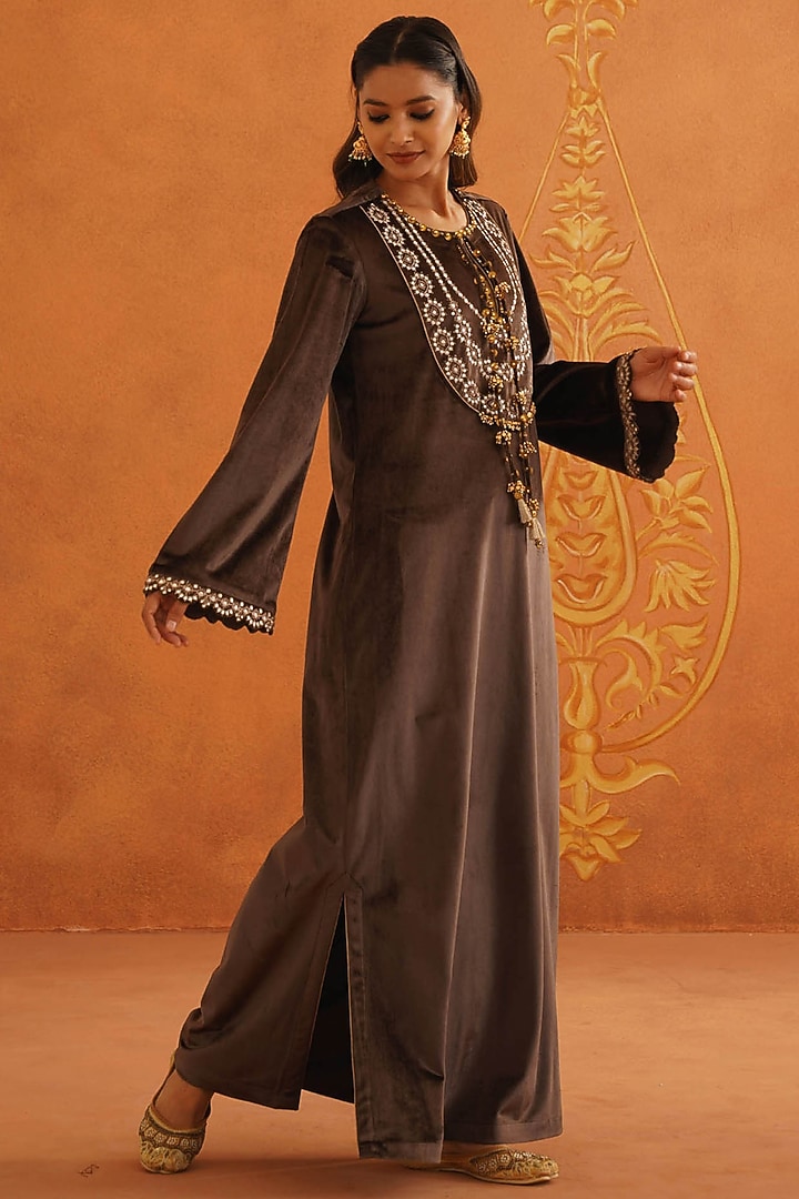 Brown Velvet Embroidered Maxi Vacation Dress by Inej at Pernia's Pop Up Shop