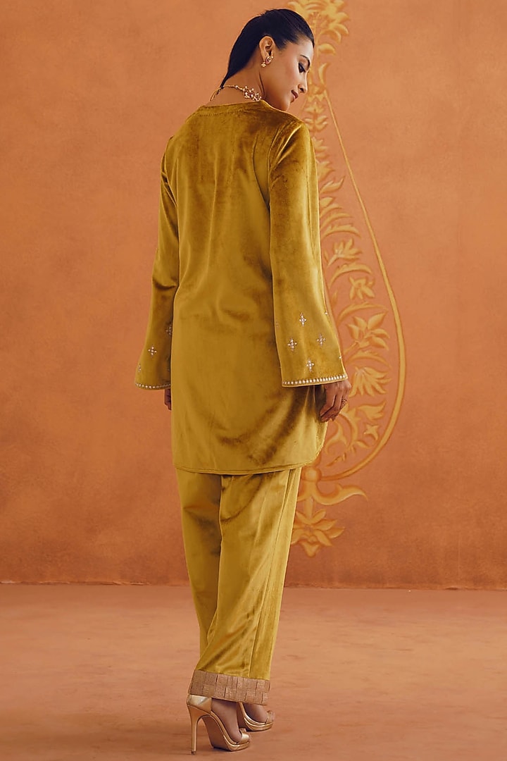 Mustard Velvet Sequins Embellished A-Line Co-Ord Set by Inej at Pernia's Pop Up Shop