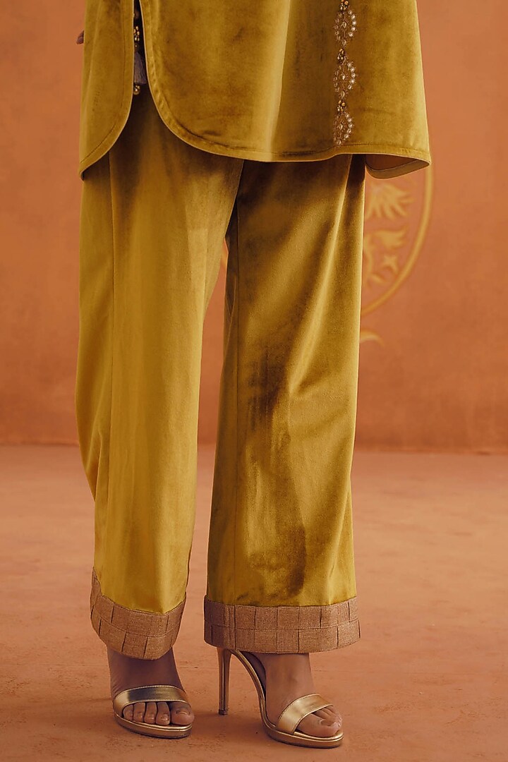 Mustard Velvet Sequins Embellished A-Line Co-Ord Set by Inej at Pernia's Pop Up Shop