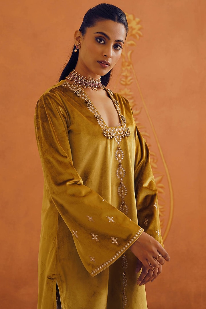 Mustard Velvet Sequins Embellished A-Line Co-Ord Set by Inej at Pernia's Pop Up Shop