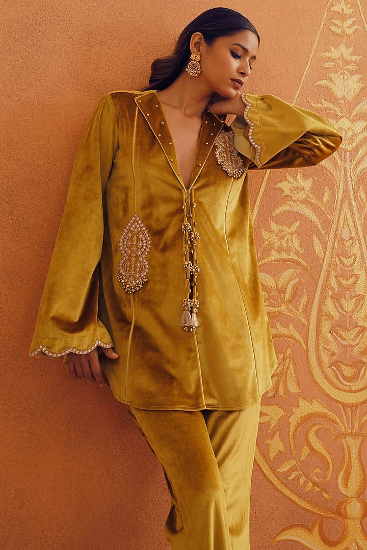 Mustard Velvet Sequins Embellished A-Line Co-Ord Set by Inej at Pernia's Pop Up Shop