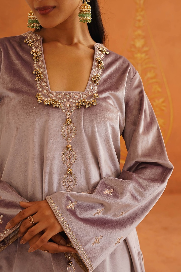 Lilac Velvet Sequins Embellished A-Line Co-Ord Set by Inej at Pernia's Pop Up Shop