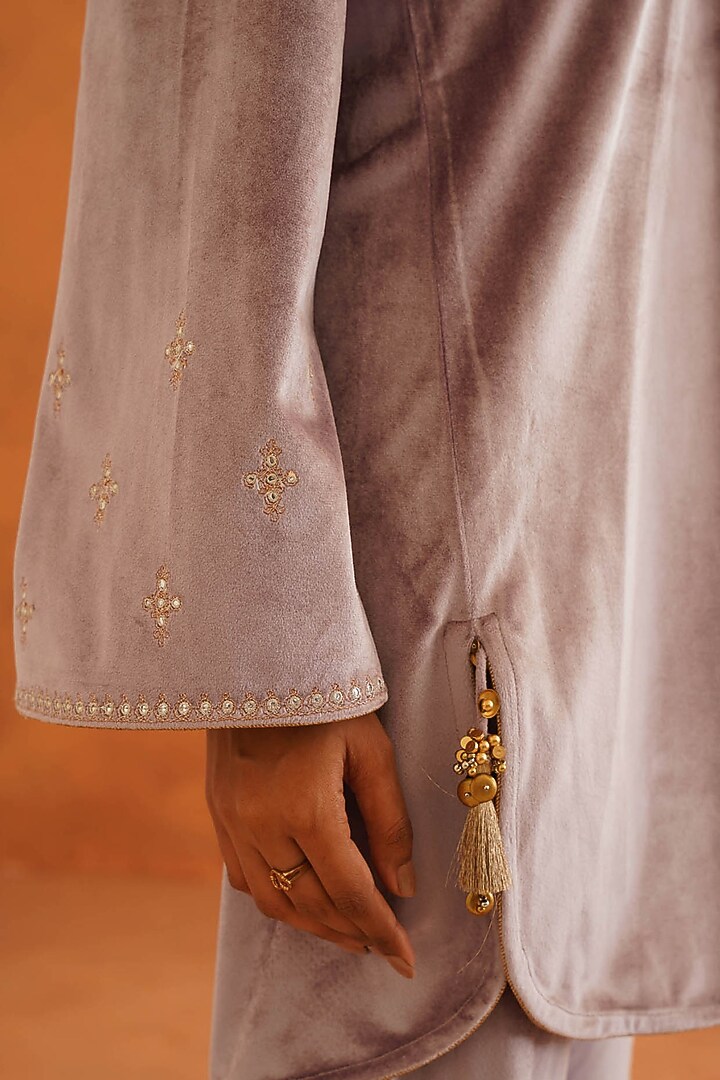 Lilac Velvet Sequins Embellished A-Line Co-Ord Set by Inej at Pernia's Pop Up Shop