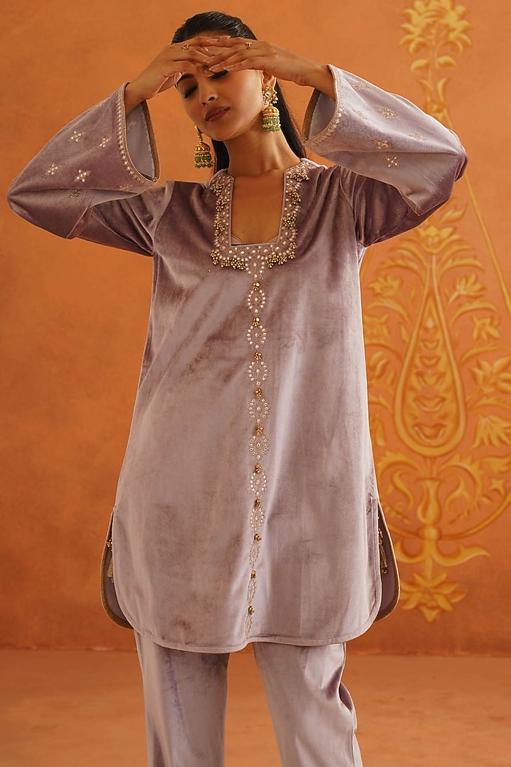 Lilac Velvet Sequins Embellished A-Line Co-Ord Set by Inej at Pernia's Pop Up Shop