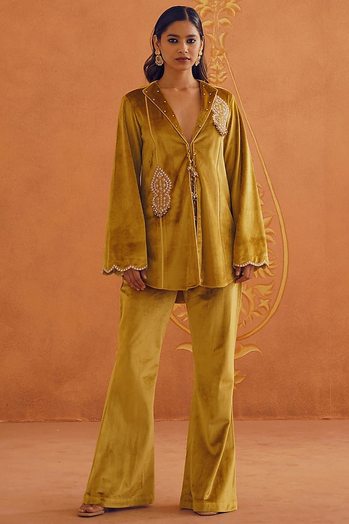 Mustard Velvet Dori Embroidered Co-Ord Set by Inej at Pernia's Pop Up Shop