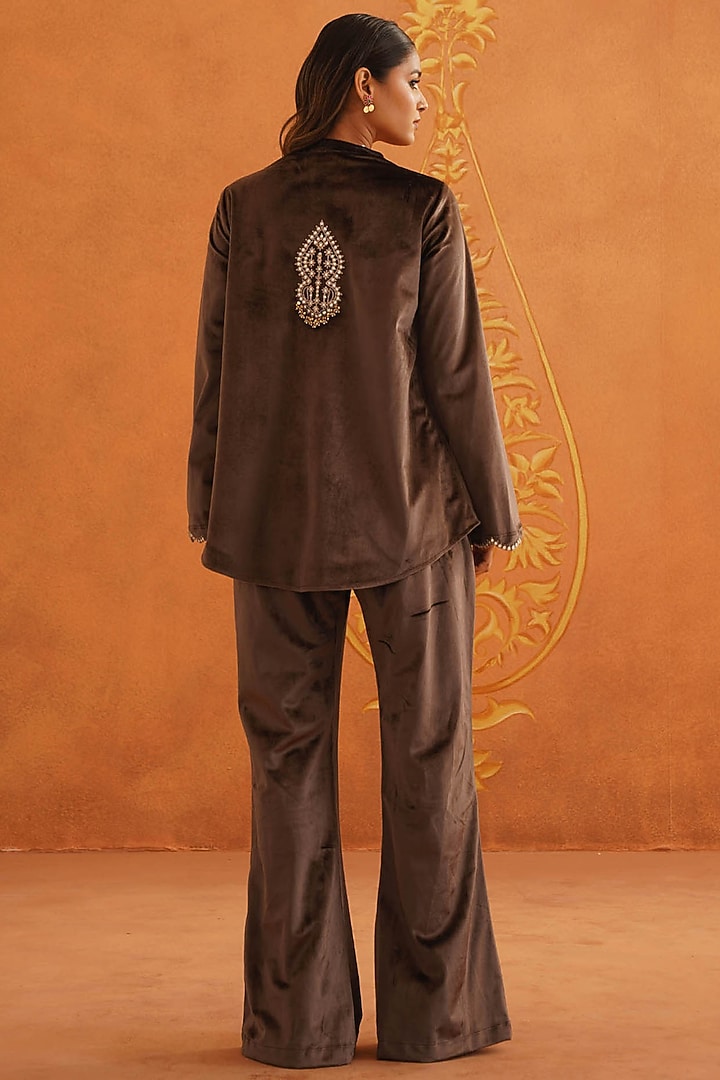 Brown Velvet Dori Embroidered Co-Ord Set by Inej at Pernia's Pop Up Shop
