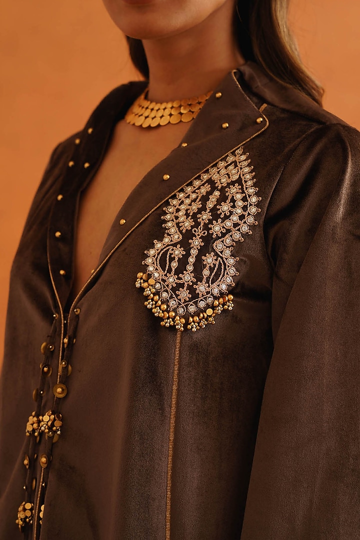 Brown Velvet Dori Embroidered Co-Ord Set by Inej at Pernia's Pop Up Shop