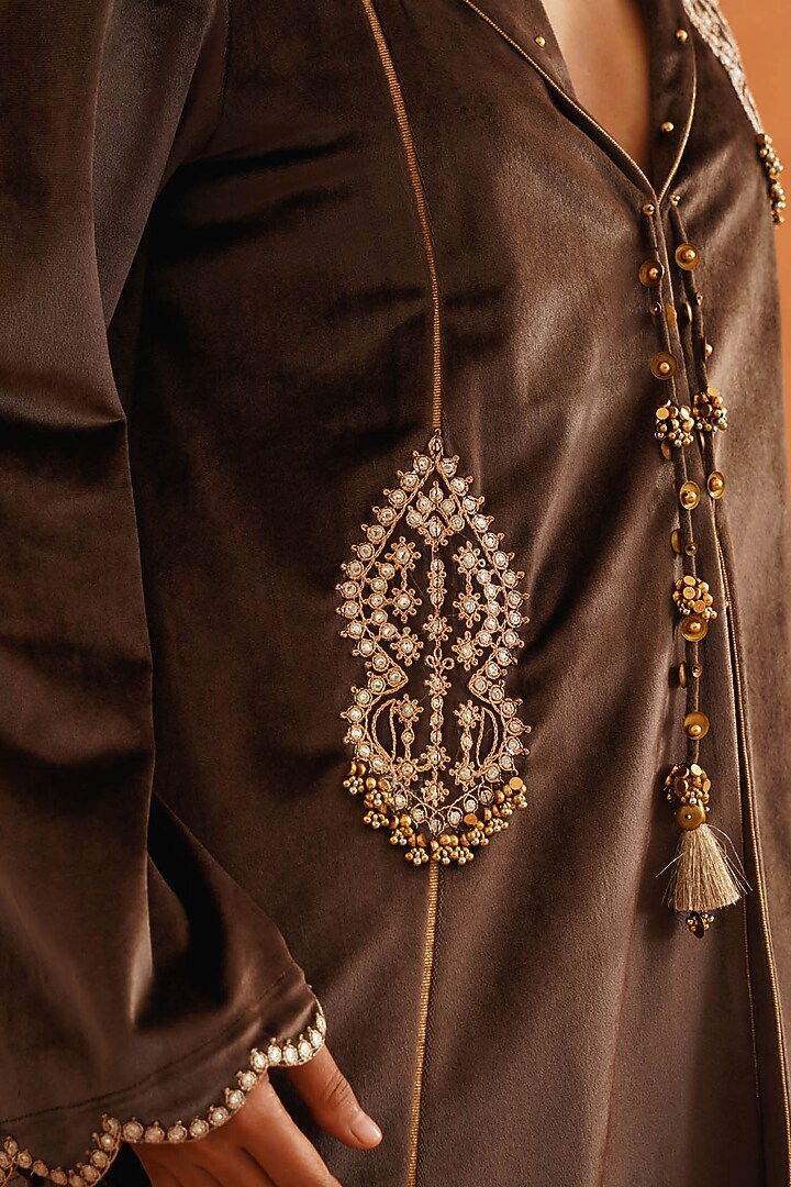 Brown Velvet Dori Embroidered Co-Ord Set by Inej at Pernia's Pop Up Shop