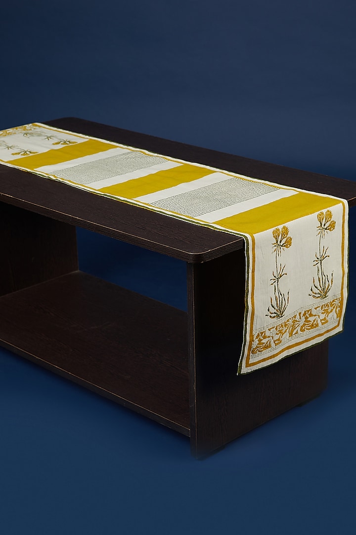 Yellow & White Hand Block Printed Table Runner by Inheritance India