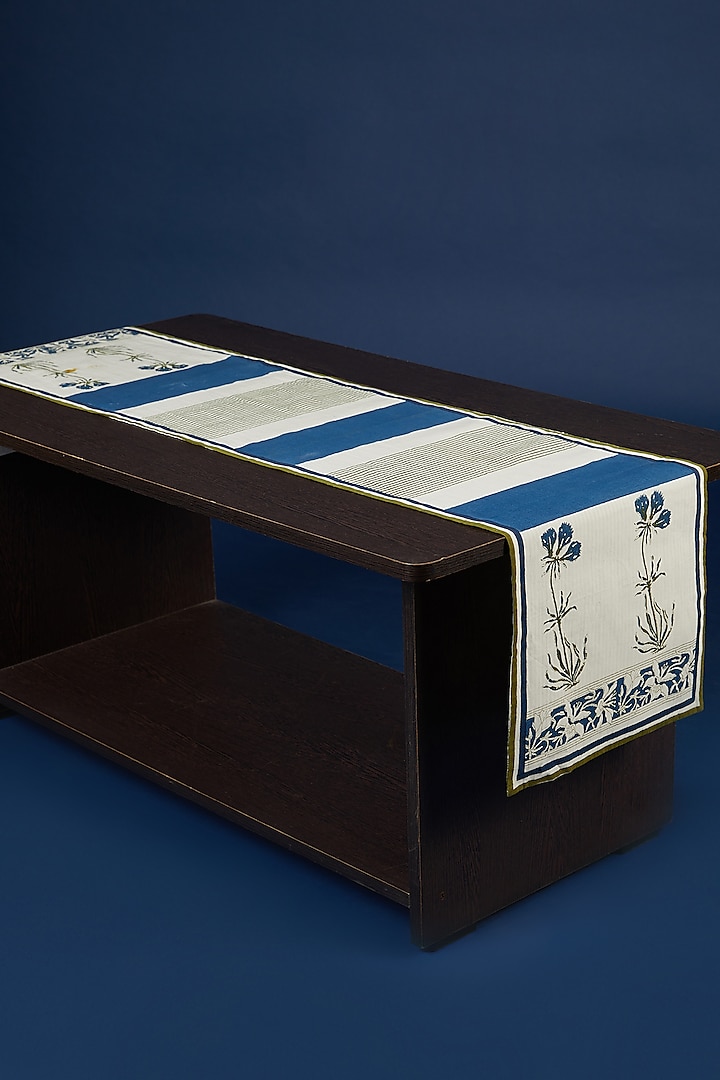 Cobalt Blue & White Hand Block Printed Table Runner by Inheritance India