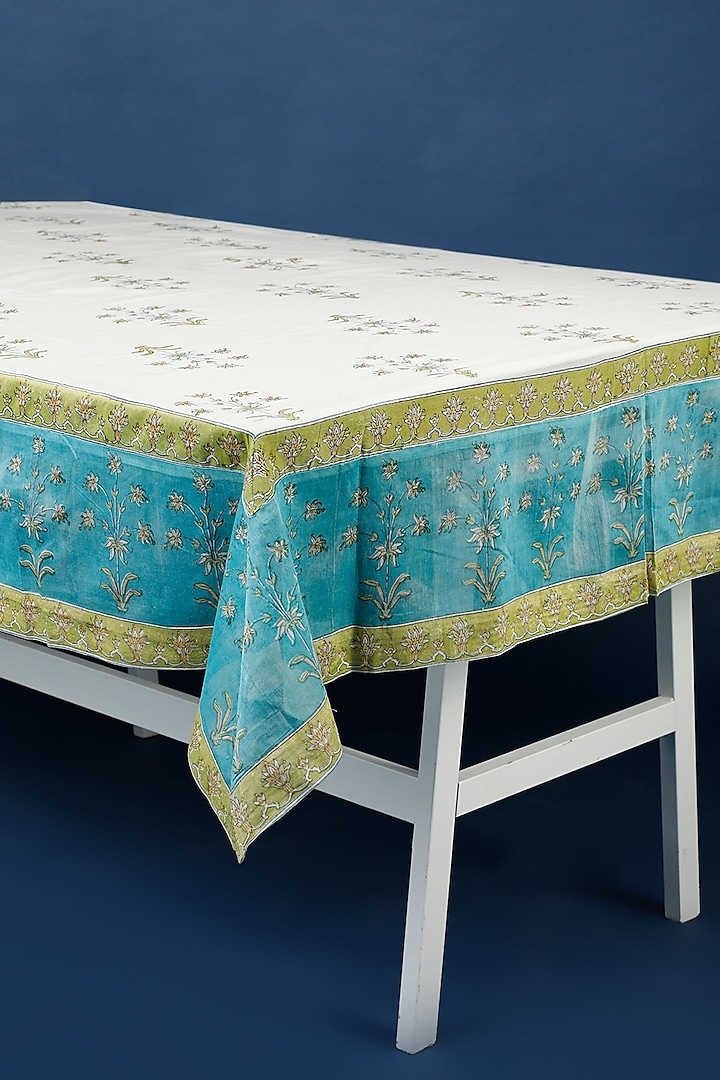White & Blue Chanderi Table Cloth by Inheritance India