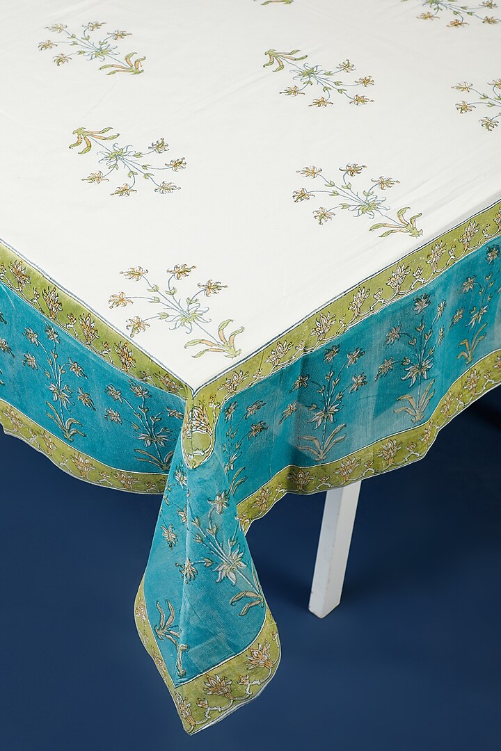 White & Blue Chanderi Table Cloth by Inheritance India at Pernia's Pop Up Shop