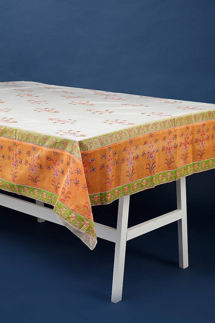 White & Orange Chanderi Table Cloth by Inheritance India