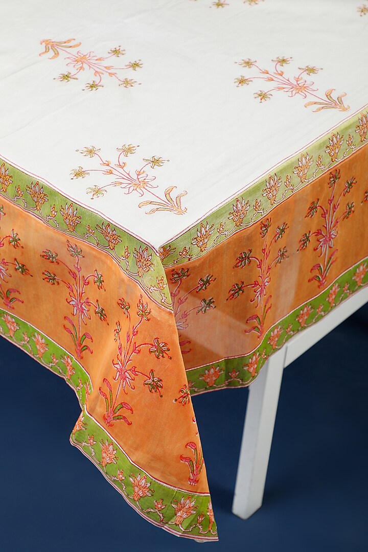 White & Orange Chanderi Table Cloth by Inheritance India at Pernia's Pop Up Shop