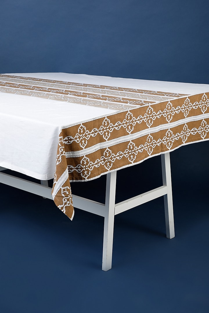 White & Brown Cotton Table Cloth by Inheritance India