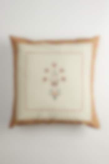 Beige & White Floral Block Printed Cushion Covers (Set of 2) by Inheritance India
