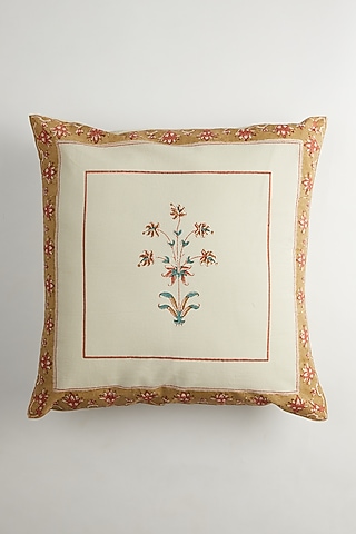 Beige & White Floral Block Printed Cushion Covers (Set of 2) by Inheritance India