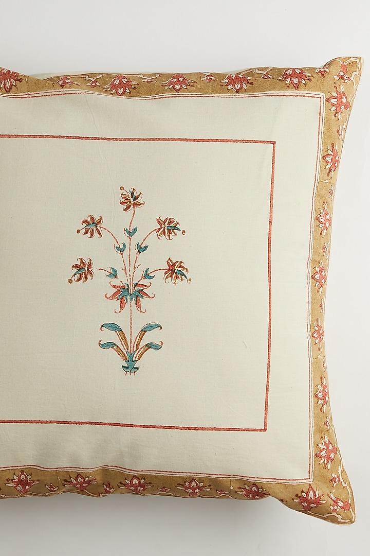 Beige & White Floral Block Printed Cushion Covers (Set of 2) by Inheritance India at Pernia's Pop Up Shop