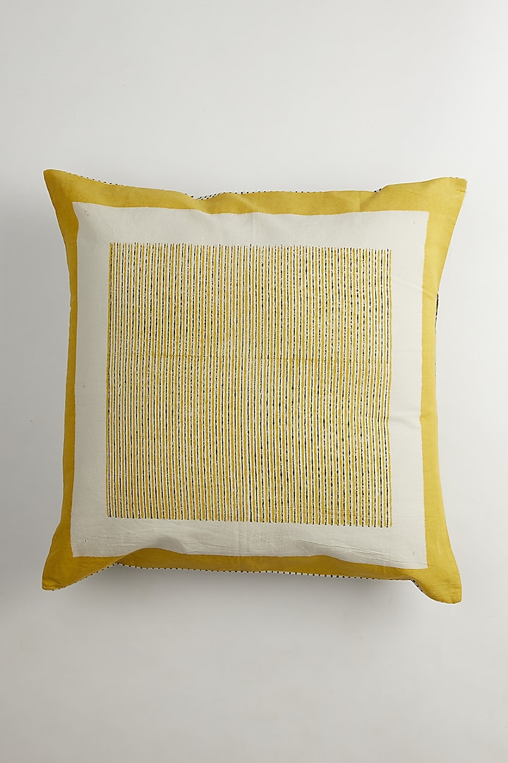 Yellow & White Motifs Printed Cushion Covers (Set of 2) by Inheritance India