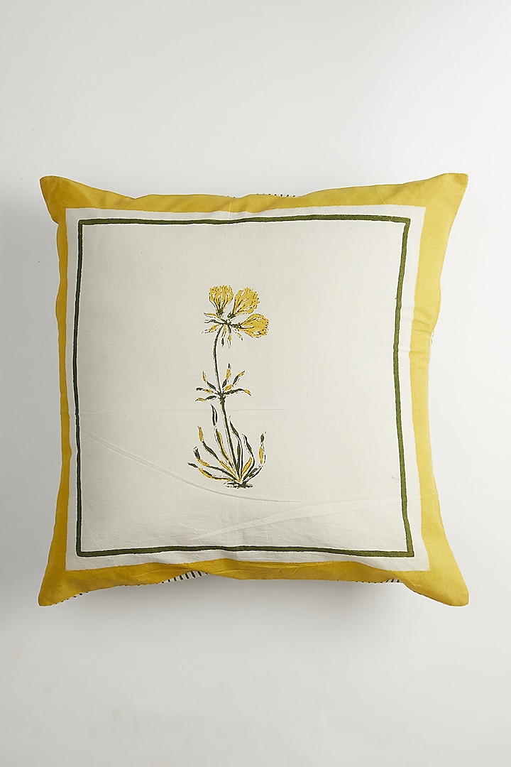 Yellow & White Floral Printed Cushion Covers (Set Of 2) by Inheritance India