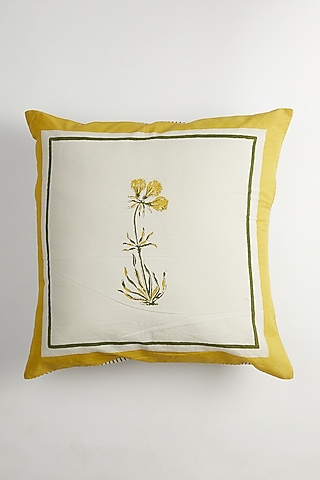 Yellow & White Floral Printed Cushion Covers (Set Of 2) by Inheritance India