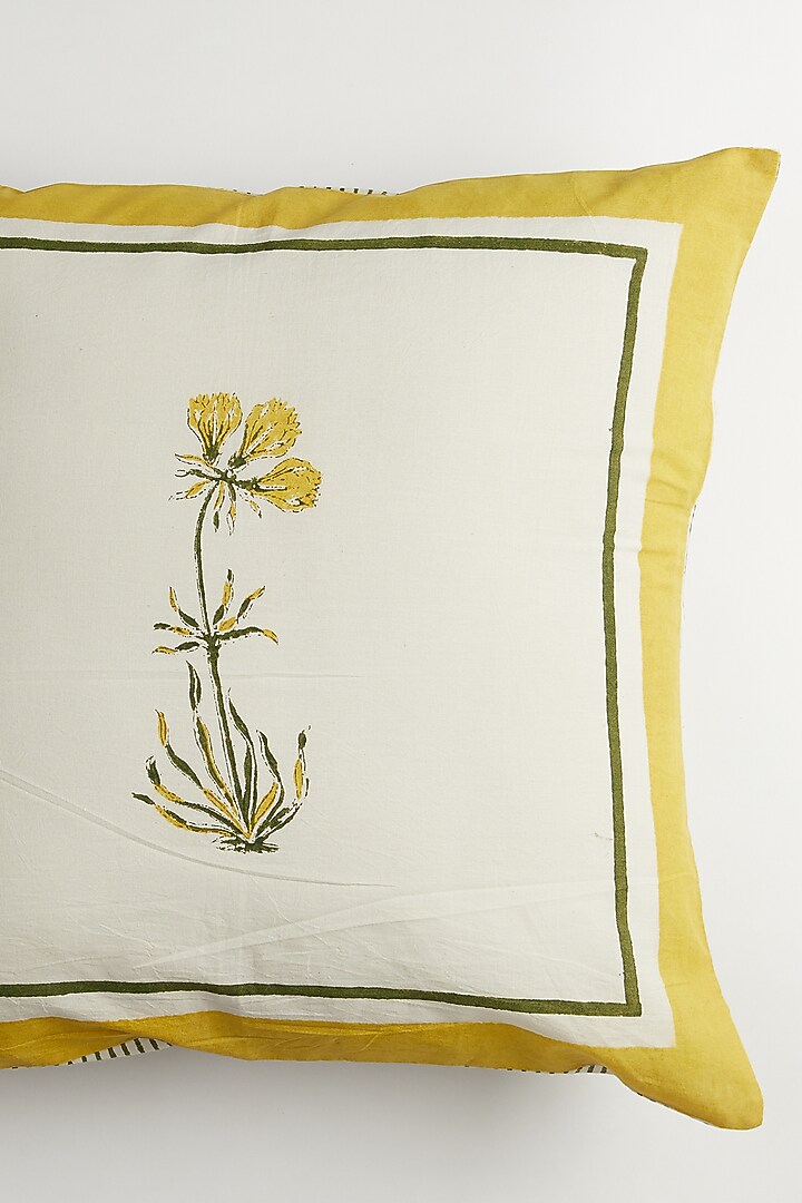 Yellow & White Floral Printed Cushion Covers (Set Of 2) by Inheritance India at Pernia's Pop Up Shop