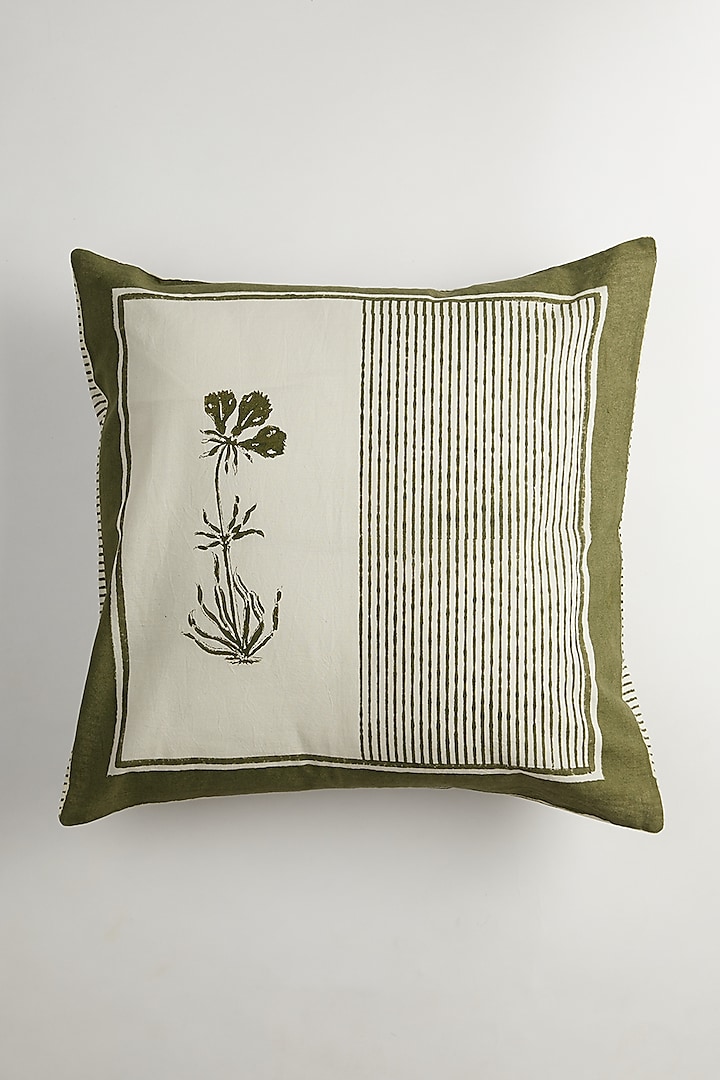 Green & White Floral Block Printed Cushion Covers (Set Of 2) by Inheritance India