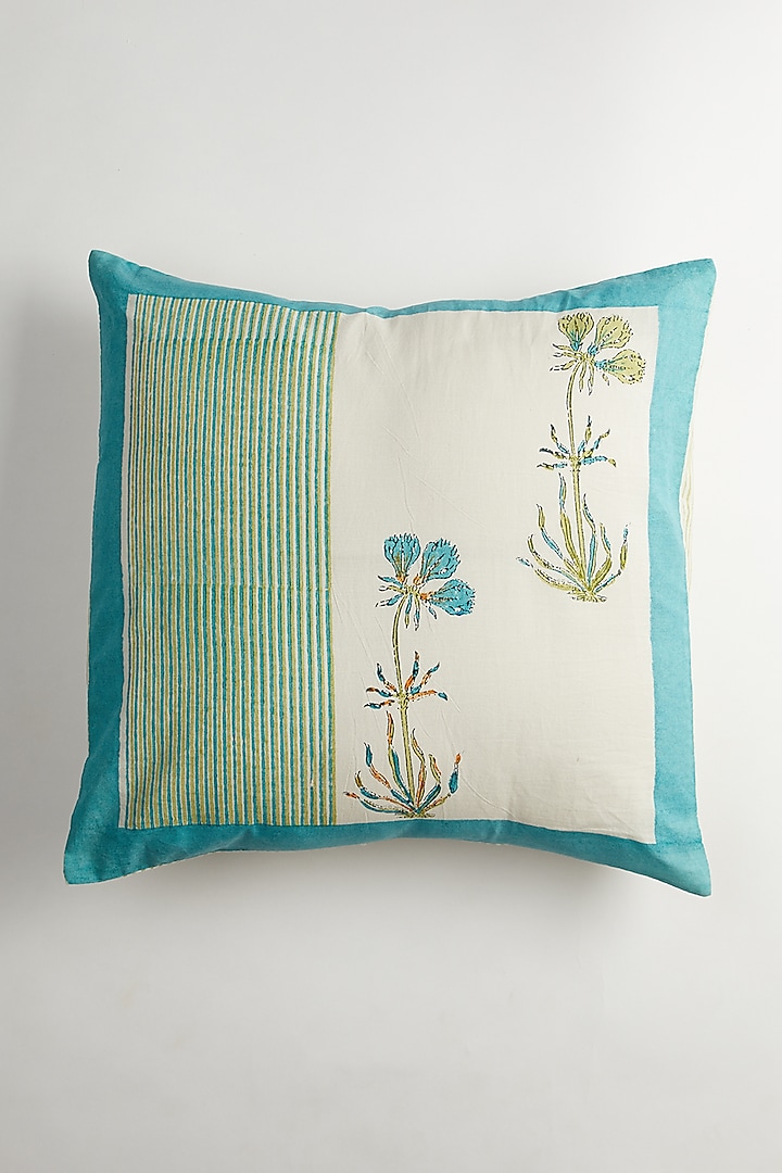 Blue & White Floral Motifs Printed Cushion Covers (Set Of 2) by Inheritance India