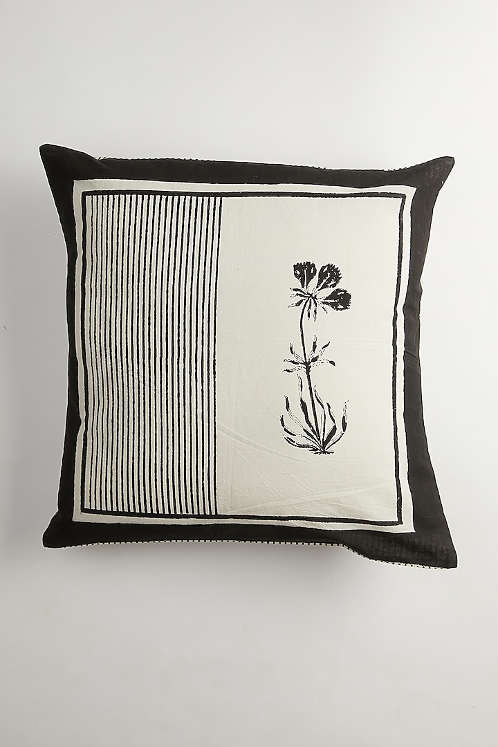 Black & White Cotton Hand Block Printed Cushion Covers (Set Of 2) by Inheritance India