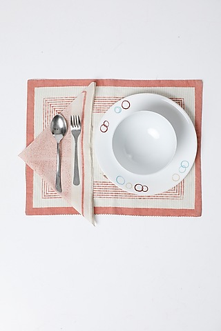 White & Pink Cotton Table Mat & Napkin Set (Set of 8) by Inheritance India
