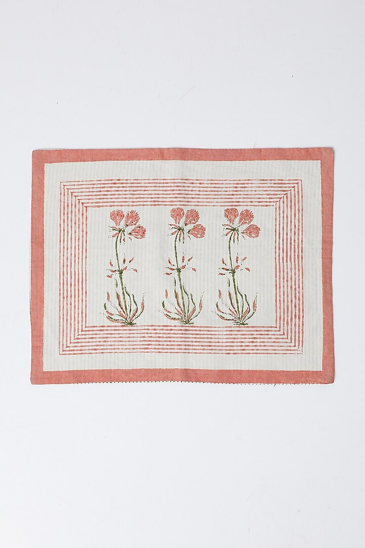 White & Pink Cotton Table Mat & Napkin Set (Set of 8) by Inheritance India at Pernia's Pop Up Shop