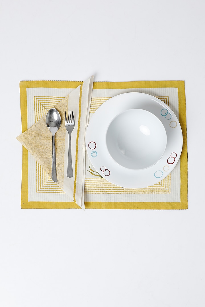 White & Yellow Cotton Table Mat & Napkin Set (Set of 8) by Inheritance India
