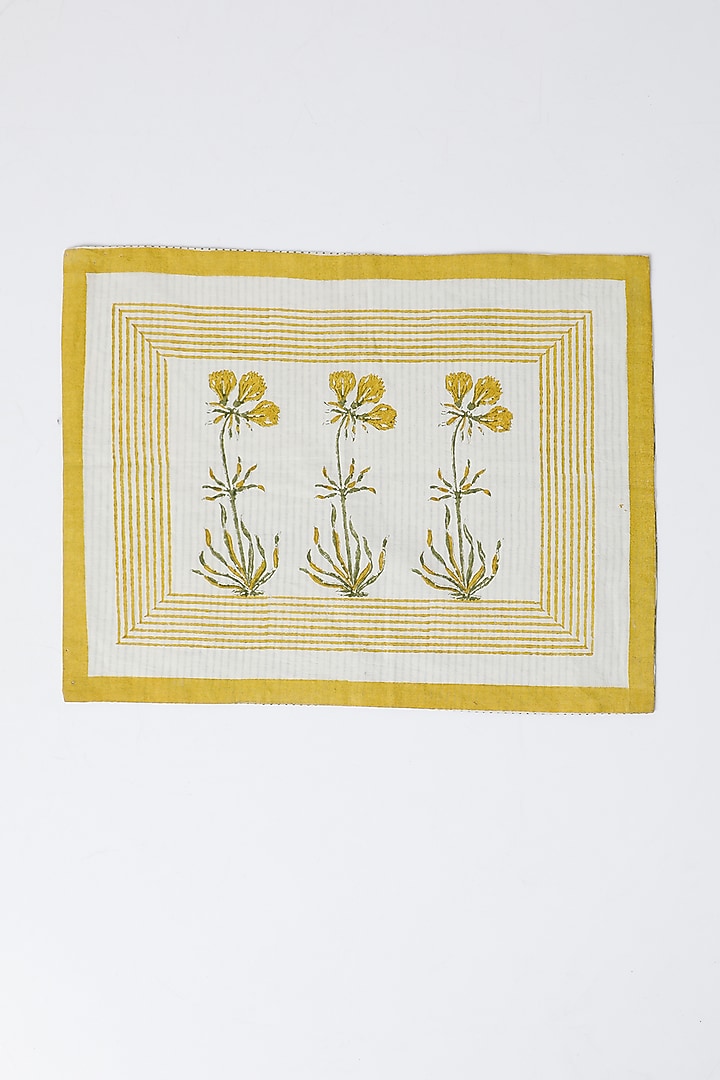 White & Yellow Cotton Table Mat & Napkin Set (Set of 8) by Inheritance India at Pernia's Pop Up Shop