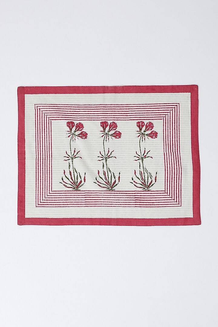 White & Magenta Cotton Table Mat & Napkin Set (Set of 8) by Inheritance India at Pernia's Pop Up Shop