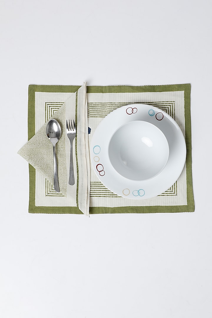 White & Green Cotton Table Mat & Napkin Set (Set of 8) by Inheritance India