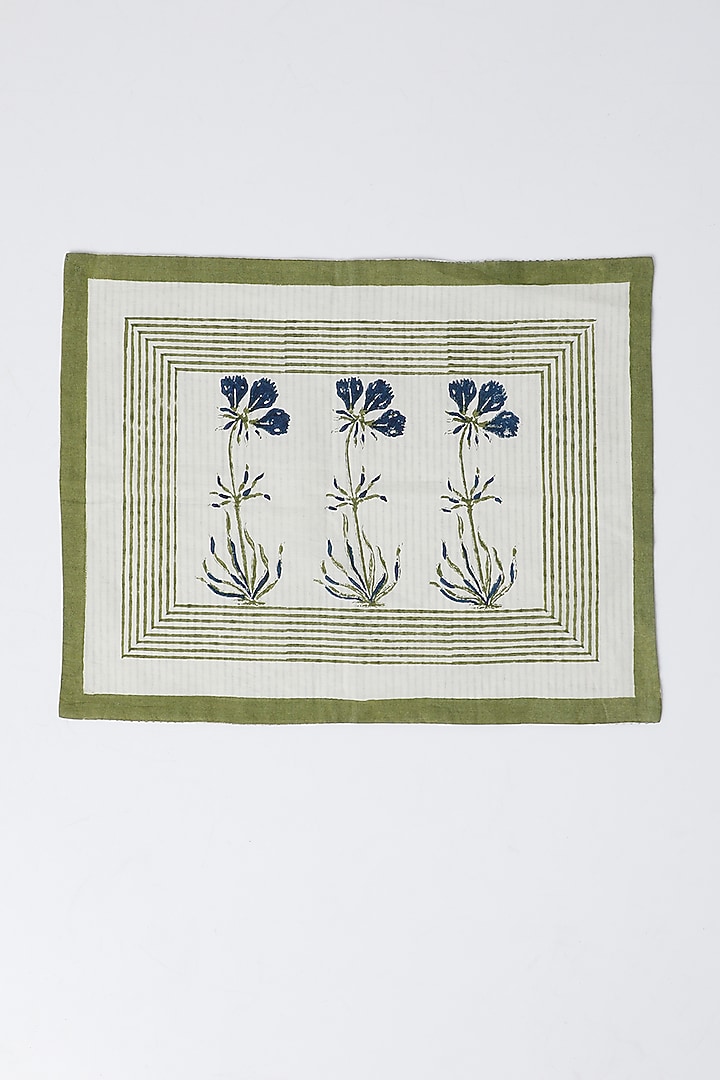 White & Green Cotton Table Mat & Napkin Set (Set of 8) by Inheritance India at Pernia's Pop Up Shop