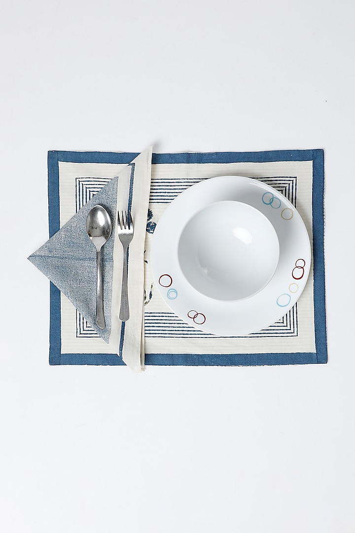 White & Blue Cotton Table Mat & Napkin Set (Set of 8) by Inheritance India